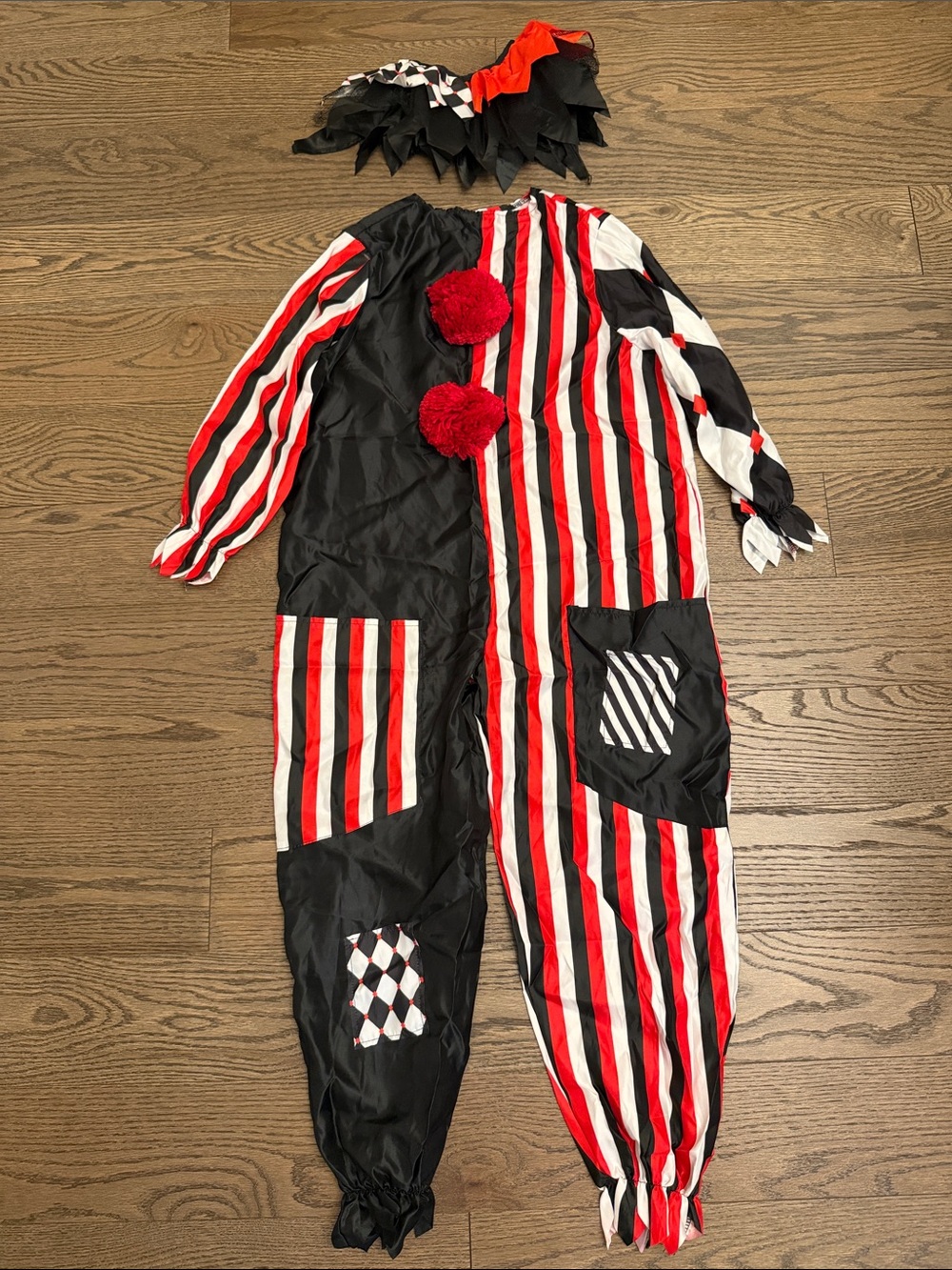 EUC Red and Black Striped Kids Clown Costume with Pom Poms